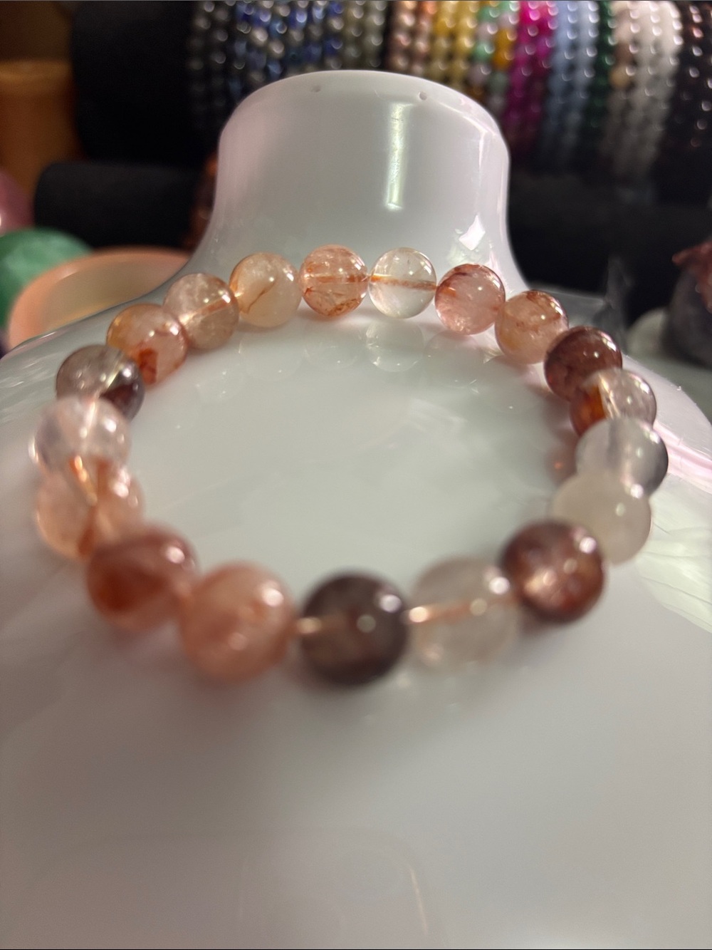 Fire Quartz 10mm Beaded Stretch Bracelet in Soft Peach-Pink Tones